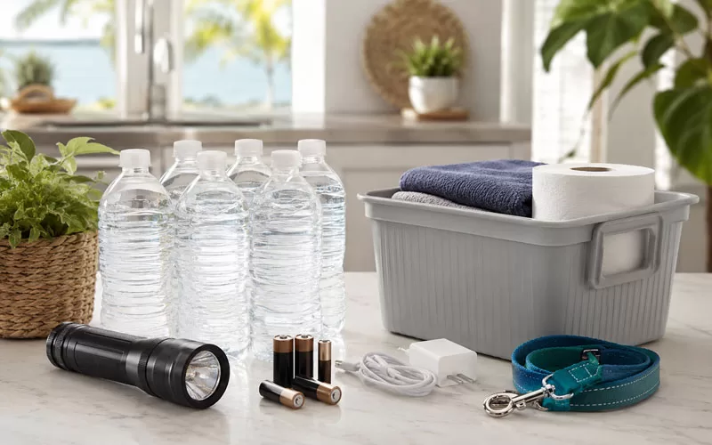 Florida storm prep supplies on a kitchen counter with bottled water, flashlight, batteries, phone charger, storage bin, and pet leash.