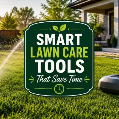 Decorative title overlay on a sunny lawn scene with a sprinkler and robot lawn mower.