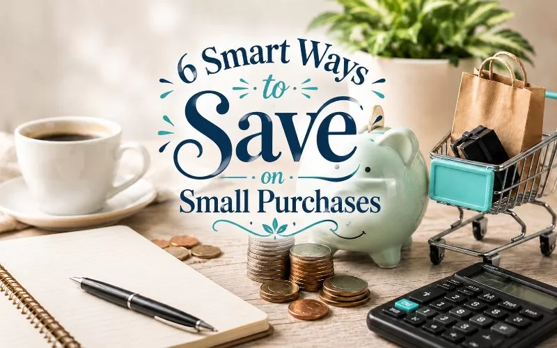 Piggy bank, coins, calculator, notebook, coffee cup, and shopping cart with decorative text about saving on small purchases.