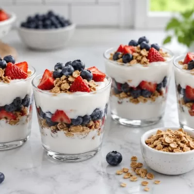 Clear glasses filled with layered Greek yogurt, strawberries, blueberries, and granola on a bright kitchen counter.