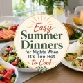 Summer dinner table with wraps, salad, fruit, vegetables, and decorative title text in the center