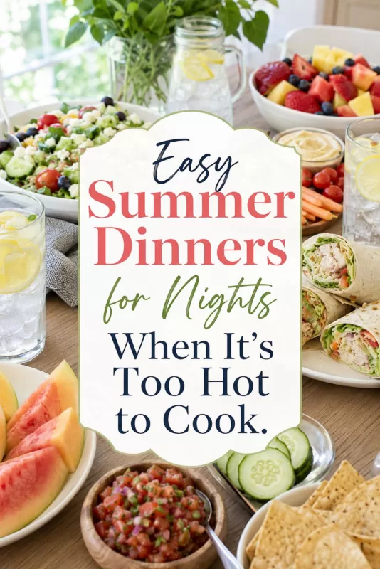 Summer dinner table with wraps, salad, fruit, vegetables, and decorative text about easy summer dinners for hot nights