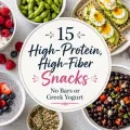 Overhead spread of cottage cheese with berries, edamame, avocado crispbread, black beans, chia pudding, and a berry smoothie with the title 15 High-Protein, High-Fiber Snacks.