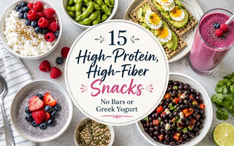 Overhead spread of cottage cheese with berries, edamame, avocado crispbread, black beans, chia pudding, and a berry smoothie with the title 15 High-Protein, High-Fiber Snacks.