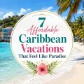 Realistic Caribbean beach with turquoise water, colorful island buildings, palm trees, and a centered decorative article title.