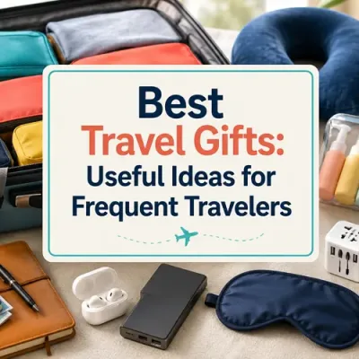 Travel gifts arranged around an open suitcase with the title Best Travel Gifts: Useful Ideas for Frequent Travelers.