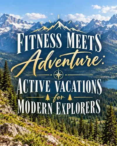 Scenic active vacation landscape with hikers and centered decorative article title.