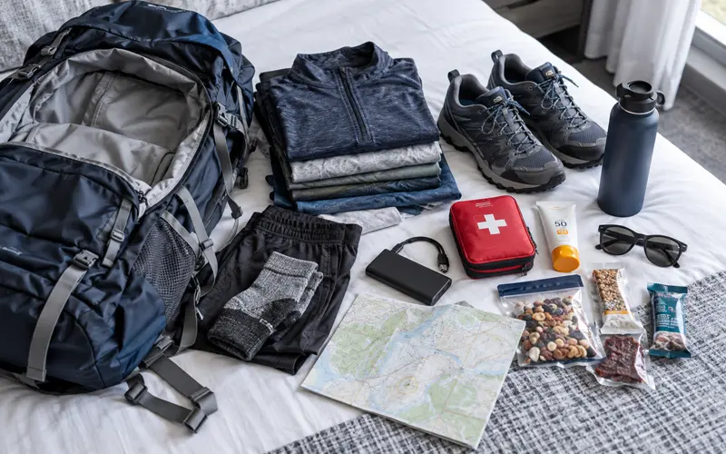 Hiking gear and travel essentials organized beside a backpack for an active vacation.