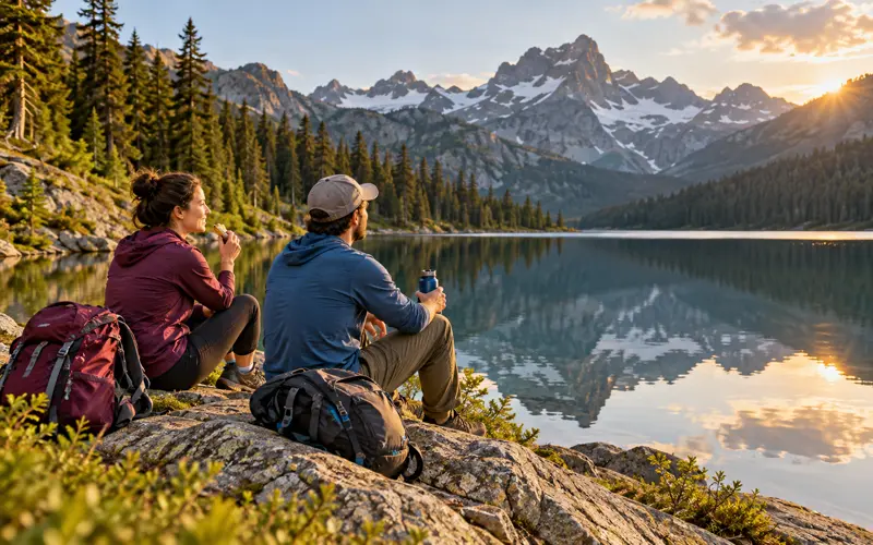 Travelers relaxing beside a mountain lake after a day of hiking.