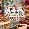 Apple butter cheesecake bars with the recipe title centered over a colorful fall-inspired design.