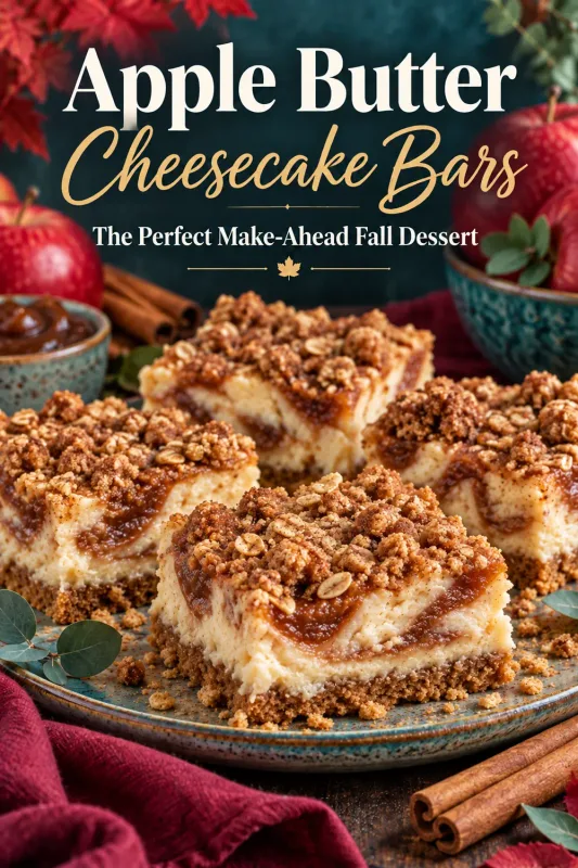 Apple butter cheesecake bars with cinnamon streusel displayed in a vertical fall recipe graphic.