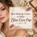 Blue-eyed woman beside an assortment of bronze, taupe, plum, and champagne eye makeup with the article title centered.