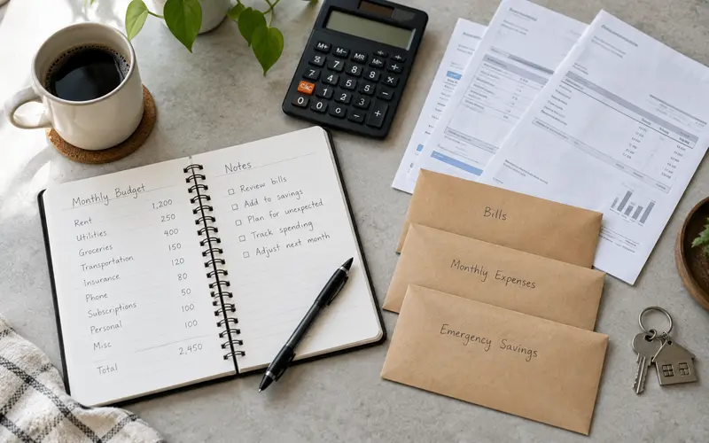 Household budget planner with calculator, bills, and savings envelopes