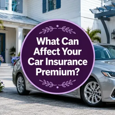 Silver car with a centered graphic highlighting factors that affect car insurance premiums.