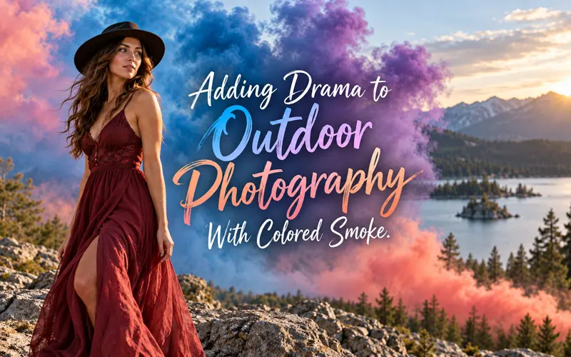 Dramatic outdoor portrait surrounded by colorful smoke in natural light.