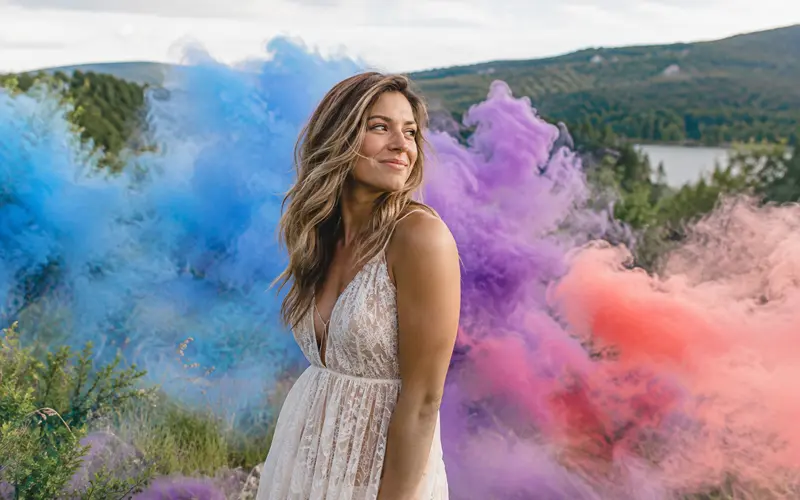 Woman posing outdoors as vibrant colored smoke drifts through the background during a creative photo shoot.