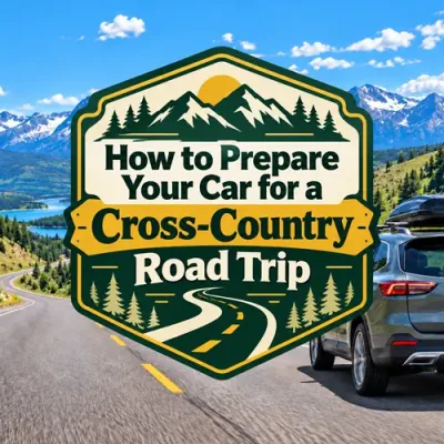 Scenic highway and road-trip vehicle with decorative cross-country road trip title.