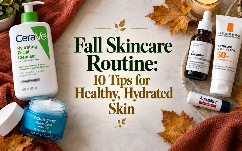 Fall skincare essentials with the article title centered over a seasonal background