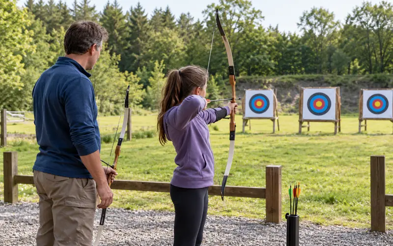 Parent and older child learning archery together at an outdoor range