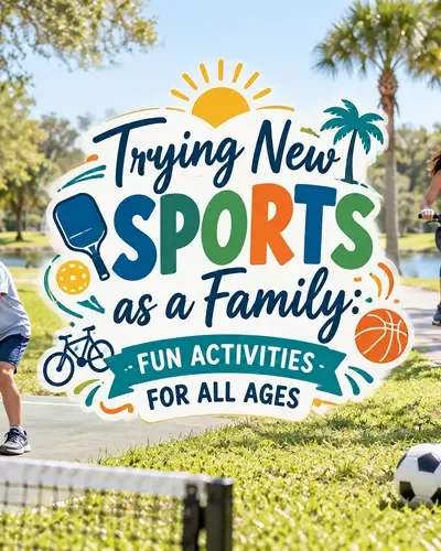Family participating in outdoor sports with decorative article title centered over the scene