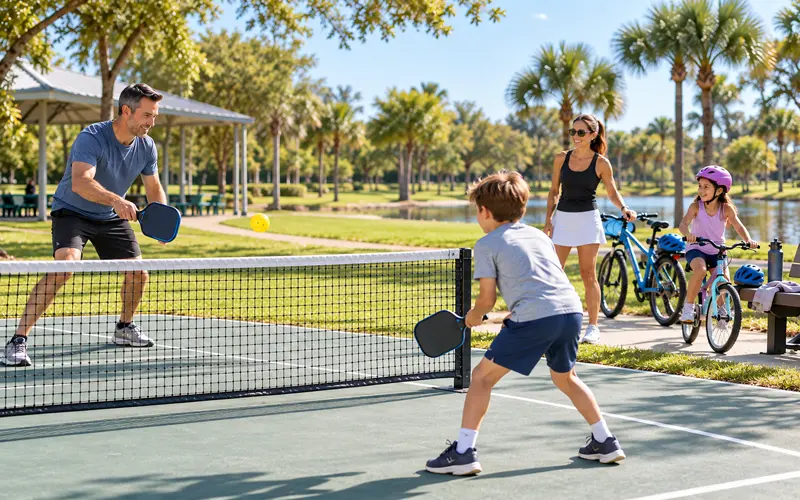 Family enjoying an active afternoon together at a Florida park with sports equipment nearby