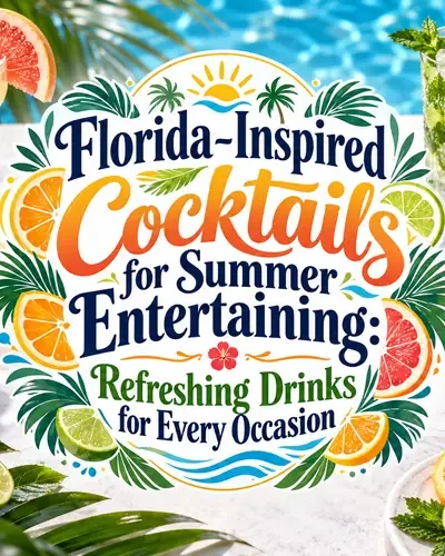Colorful summer cocktails with citrus and tropical garnishes arranged beside a Florida pool.