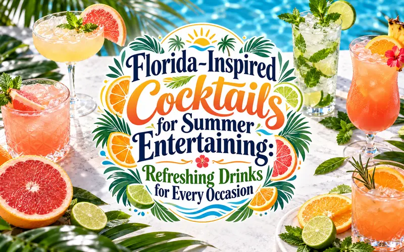 Colorful summer cocktails with citrus and tropical garnishes arranged beside a Florida pool.