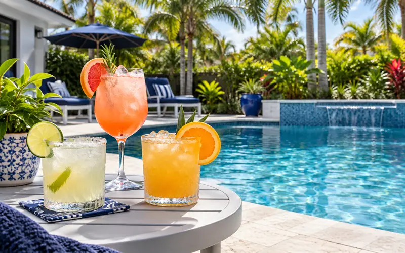 Florida-inspired tropical cocktails beside a backyard swimming pool with fresh citrus and palm trees.
