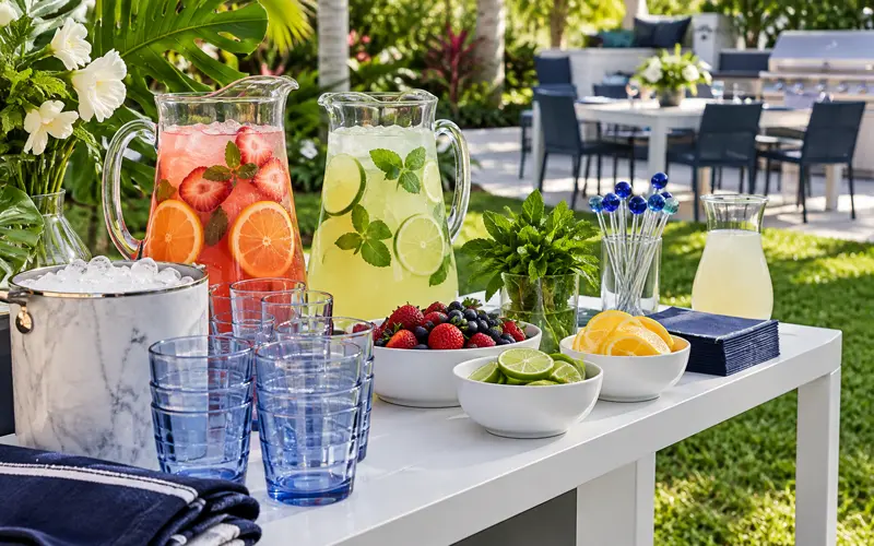 Pitchers of tropical cocktails and fresh garnishes arranged for a Florida backyard summer party.