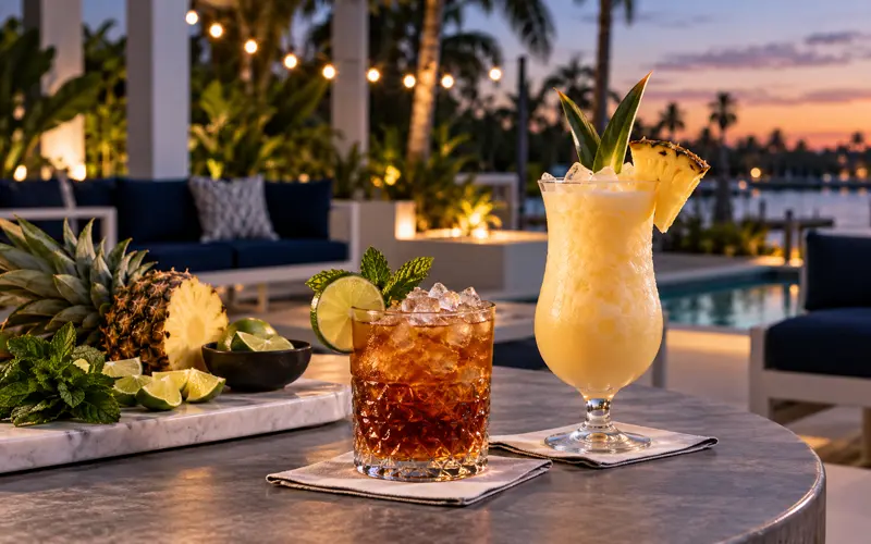 Tropical evening cocktails served outdoors with lime, pineapple, and softly glowing patio lights.