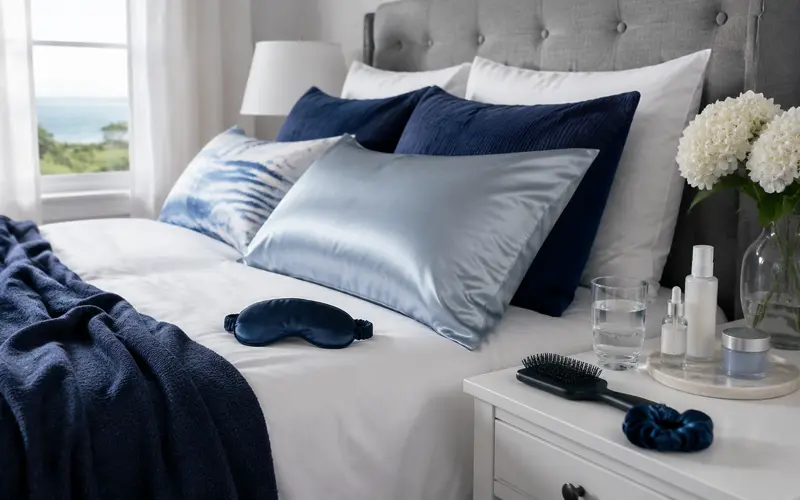 Peaceful bedroom with white bedding, navy accents, a silk pillowcase, sleep mask, and nighttime beauty products.