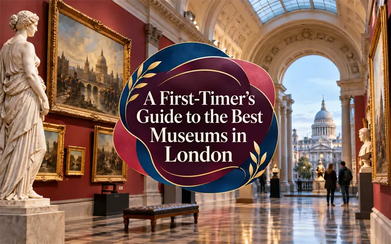 London museum gallery with the article title displayed over a curved graphic background