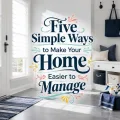 Bright coastal entryway with centered decorative lettering, navy storage baskets, and a cleaning caddy