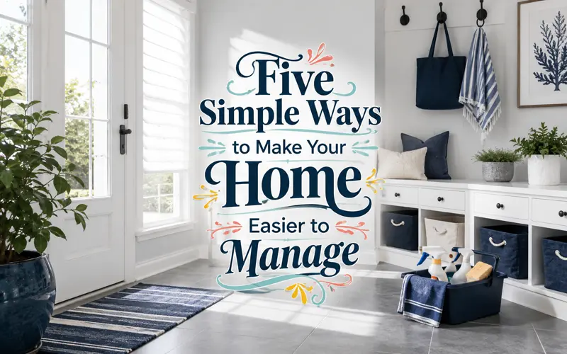Bright coastal entryway with centered decorative lettering, navy storage baskets, and a cleaning caddy