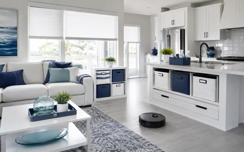 Bright coastal living room and kitchen with organized storage, motorized shades, a cleaning caddy, and robot vacuum