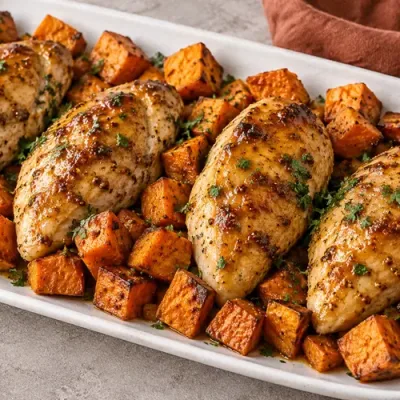 Maple Dijon chicken breasts served with tender roasted sweet potato cubes
