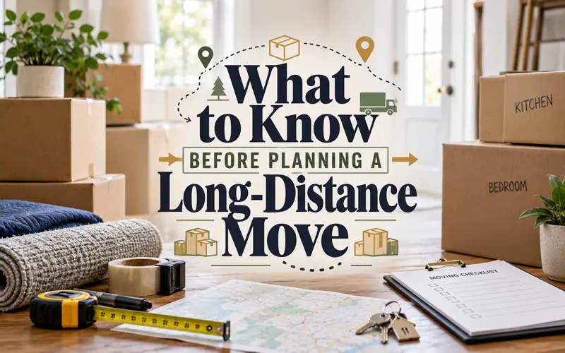 Styled moving-planning flat lay with boxes, keys, notebook, and the title What to Know Before Planning a Long-Distance Move