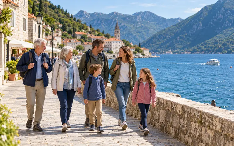 Multigenerational family walking together along a scenic European waterfront