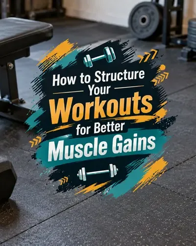 Strength-training equipment with a decorative graphic title treatment about structuring workouts for muscle gains