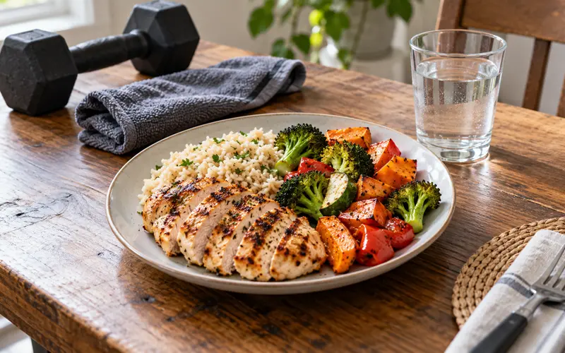 High-protein meal and workout gear prepared for strength-training recovery