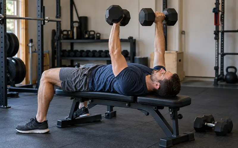 Man performing a controlled dumbbell bench press during a structured strength-training workout
