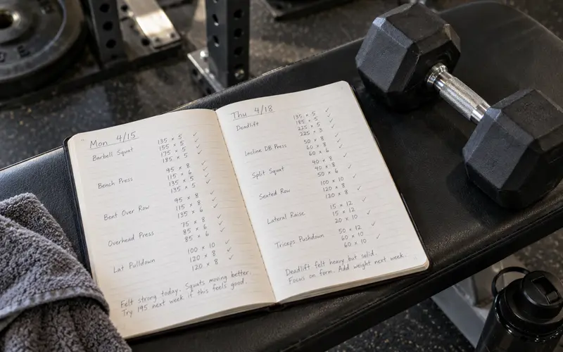 Workout log beside dumbbells showing weights and repetitions recorded during strength training