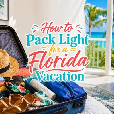 Florida vacation packing scene displaying the title How to Pack Light for a Florida Vacation.