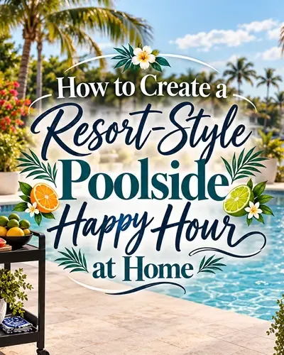 Florida poolside entertaining setup with tropical drinks, snacks, and resort-inspired details.