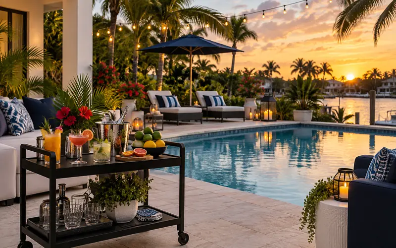 Resort-style Florida backyard pool set up for a relaxing poolside happy hour at sunset.