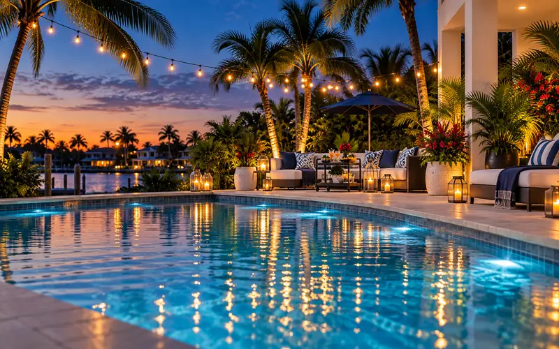 Florida backyard pool glowing at dusk with string lights and a tropical happy hour setup.