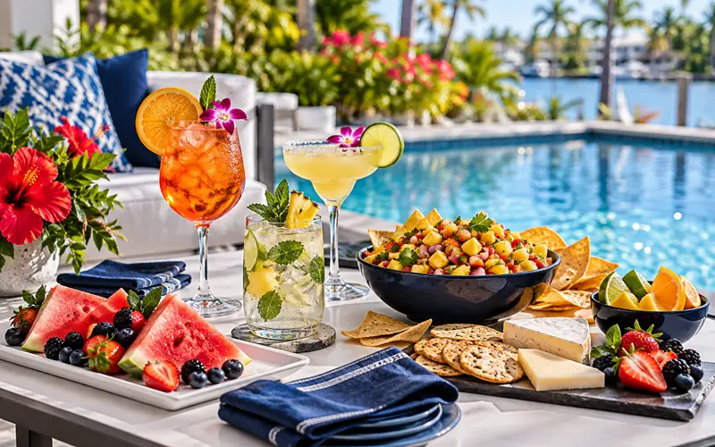 Poolside happy hour table with tropical mocktails, fresh fruit, pineapple salsa, and easy appetizers.