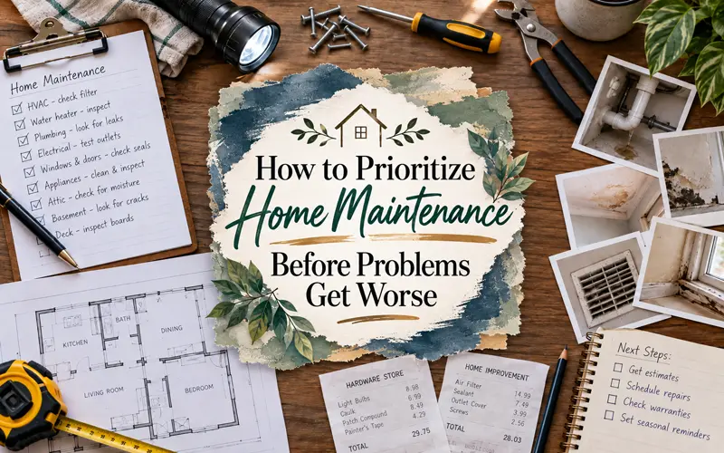 Home maintenance planning scene with decorative article title