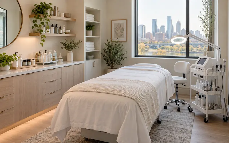 Modern beauty lab treatment room with skincare equipment, a facial bed, and a clean, welcoming atmosphere.