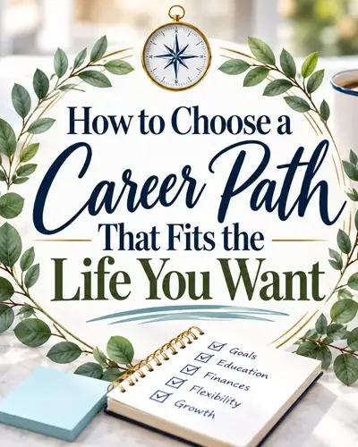 Career planning graphic with the article title centered among greenery and work-related accessories.